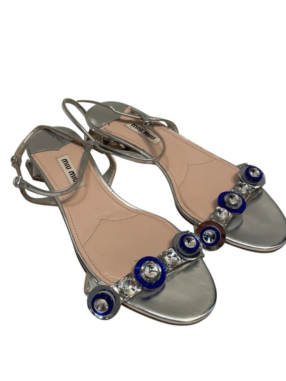 Miu Miu Silver Leather Jewel-Embellished Slingback Sandals with Blue Accents